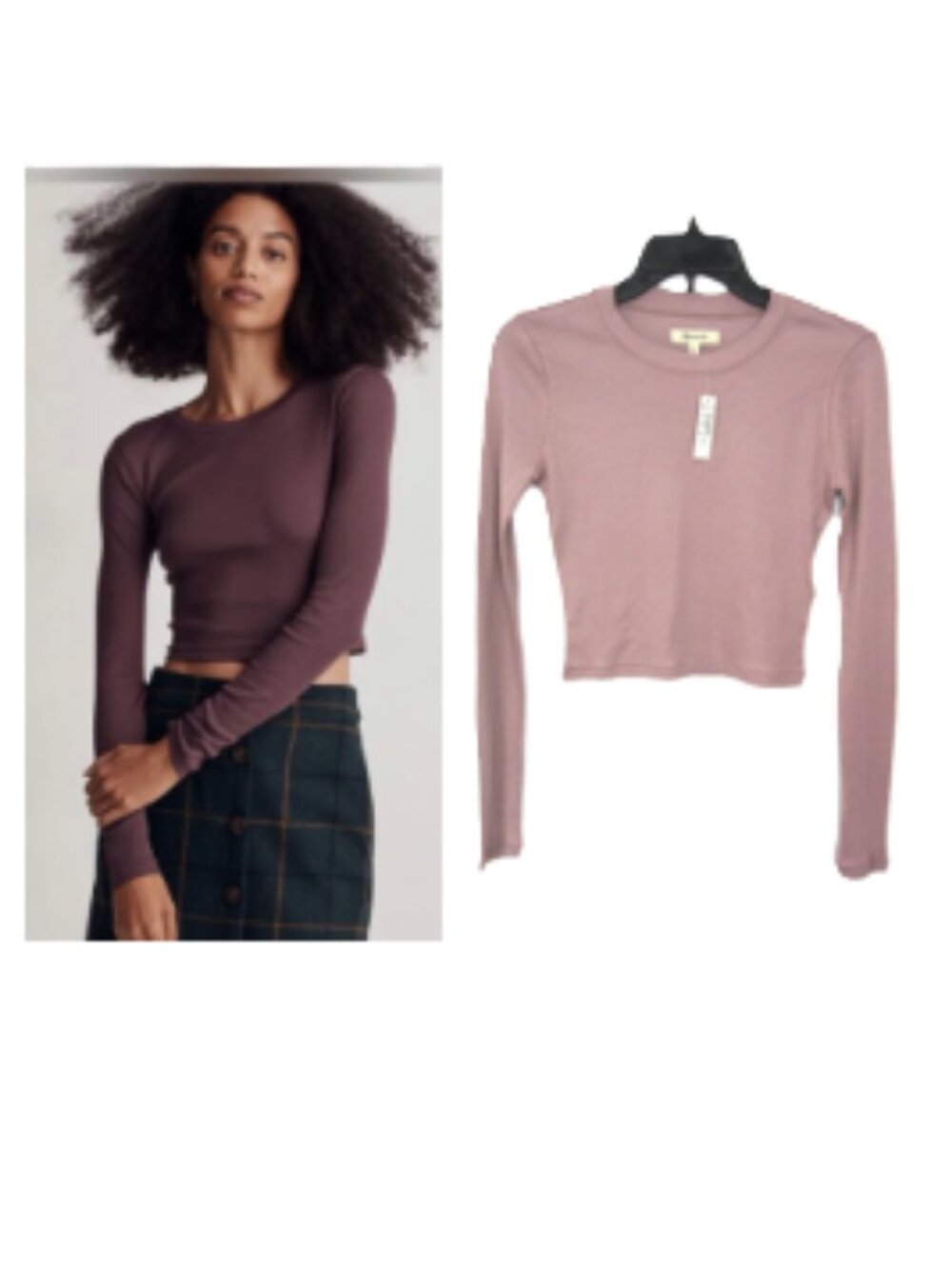 Madewell NEW XS Fine Ribbed Supercrop Crewneck Long Sleeve Tee Pale Thistle